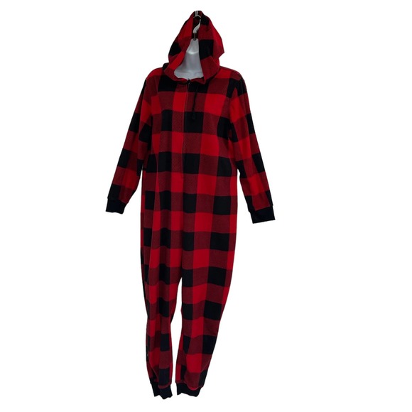Old Navy Other - Old Navy Women's XL One-Piece Hooded Pajama Black Red Plaid Flannel Zip Front